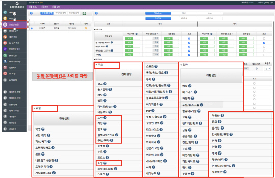랜섬웨어 보안 내 위험/악성/유해/비업무 사이트 제어 정책 화면